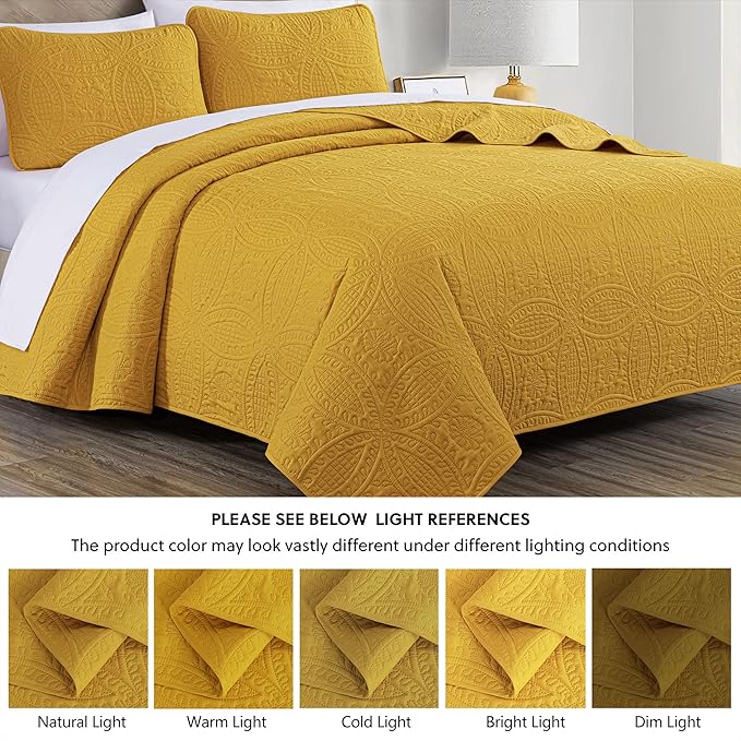 Chezmoi Collection Austin Queen Bedspread Set 3-Piece Pinsonic Quilted Oversized Bedspread Coverlet Set, Queen, Mustard