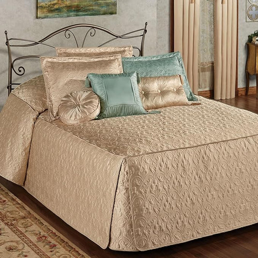 Cambridge Classic Luxury Bedding | Neutral Wheat Solid Color Polyester Satin | Elaborate Damask Quilting | Generous 21 Inch Drop | 3 Piece Bed Set Includes Oversized Full Bedspread & 2 Standard Shams