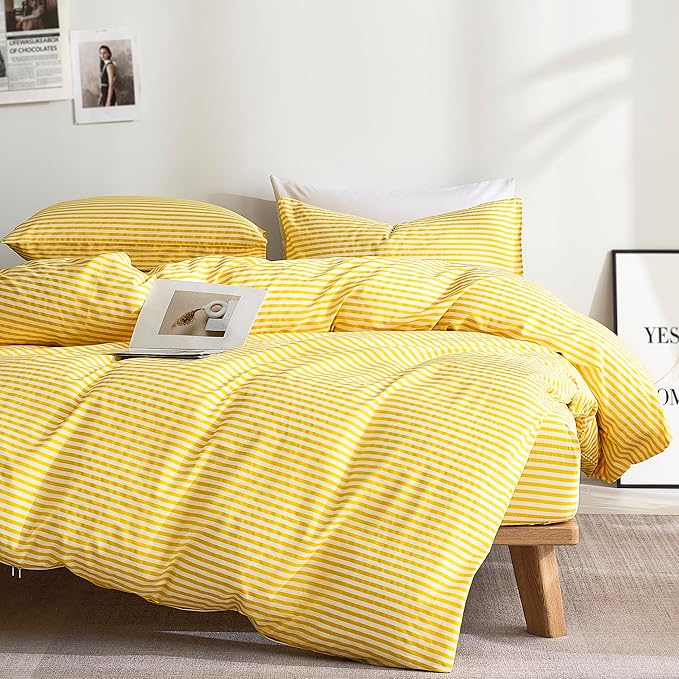 JELLYMONI 100% Natural Cotton 2pcs Striped Duvet Cover Sets,Yellow with White Stripes Pattern Printed Comforter Cover,with Zipper Closure & Corner Ties(Twin Size)