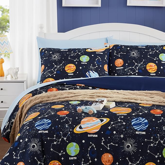 Full Kids Comforter Set - 7 Pieces Full Bedding Sets for Boys Teen, Glow in The Dark Space Bed in A Bag with Sheets