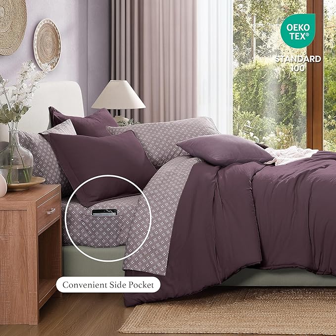 Monbix Queen Comforter Set - 7 Pieces ltalian Plum Prewashed Bed in a Bag Queen Bedding Sets with Comforters, All Seasons Ultra Soft Comforter Bed Set with Sheets,Pillowcases & Shams