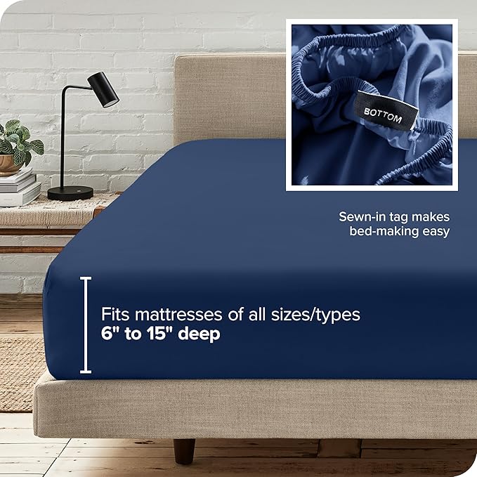Bare Home Fitted Bottom Sheet Queen - Premium 1800 Microfiber - Ultra-Soft Wrinkle Free - Deep Pocket - Fitted Sheet (Queen, Dark Blue)