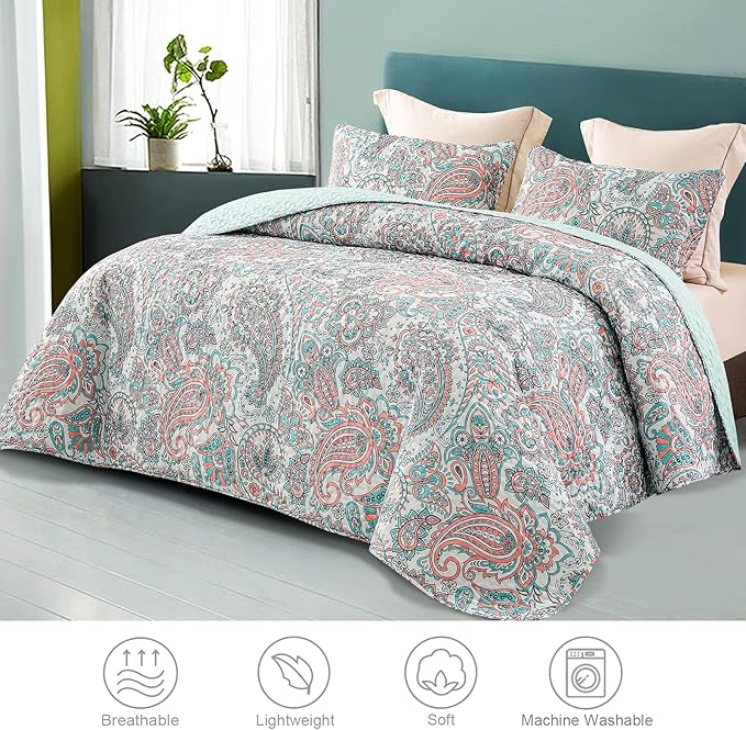 Exclusivo Mezcla Reversible Boho Quilts King Size, Aqua Bedspreads Lightweight Coverlet All Season Paisley Quilt Bedding Set with Printed Floral Pattern (1 Quilt, 2 Pillow Shams)