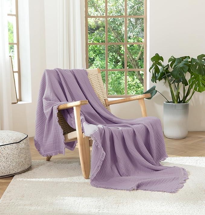 MooMee Muslin Blanket - 100% Cotton 4-Layer Gauze Throw Blanket with Tassels Ultra-Soft Breathable Lightweight Cooling for Bed Couch (Light Purple, Queen 90" x 90")