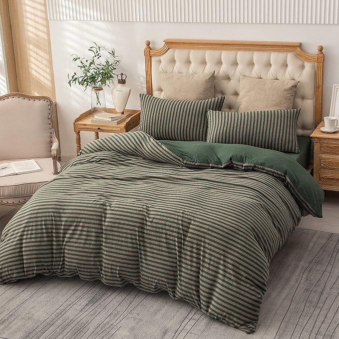 PURE ERA Jersey Knit Duvet Cover Set 100% T-Shirt Heather Cotton Super Soft Comfy Classic Striped Design, with Zipper Closure, Forest Green Stripe, Twin