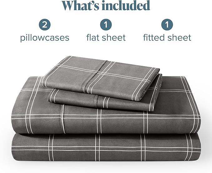 Bare Home California King Sheet Set - 1800 Ultra-Soft Microfiber Cal King Bed Sheets - Double Brushed - Deep Pockets - Easy Fit - 4 Piece Set (Cal King, Modern Plaid - Grey/White)