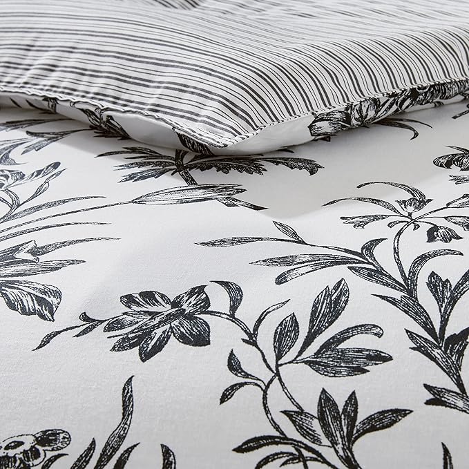 Laura Ashley - King Comforter Set, Reversible Cotton Bedding, Includes Matching Shams with Bonus Euro Shams & Throw Pillows (Amberley Black/White, King)