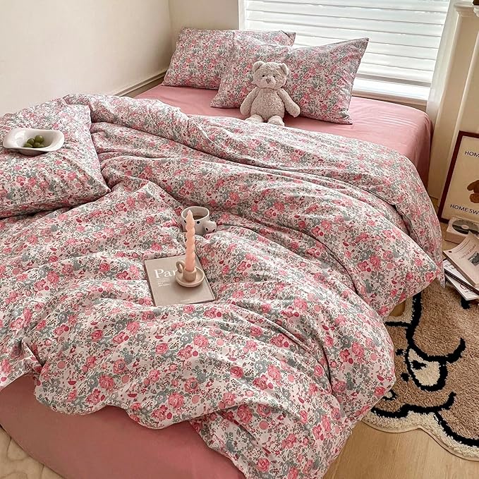 Duvet Cover Queen Pink Floral Bedding Set - Shabby Chic Boho Cotton Duvet Cover Set Queen Size - Breathable Comforter Cover with Zipper Ties,3 Piece Bed Set(1 Duvet Cover 90"x90" and 2 Pillow Shams)