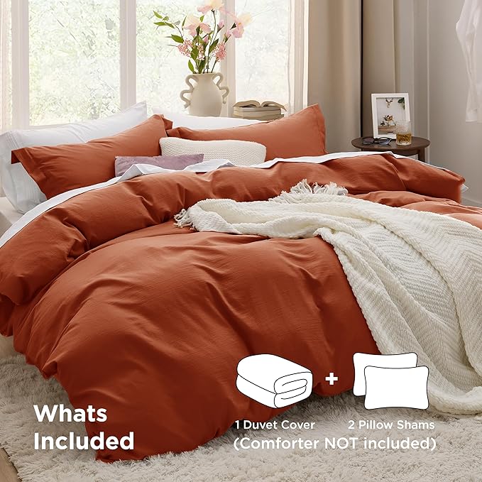 Bedsure Terracotta Duvet Cover Queen Size - 3 Pieces Prewashed Cotton-Like Extra Soft Bedding Set, Includes 1 Duvet Cover 90x90 Inches with Zipper Closure & 2 Pillow Shams, Comforter Not Included