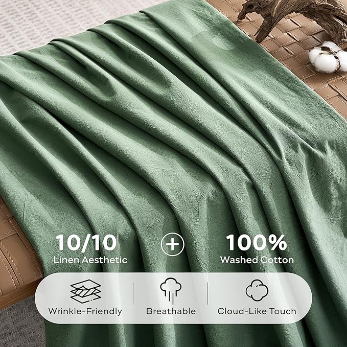 JELLYMONI Duvet Cover King Size - Washed Cotton Comforter Cover with Linen-Like Texture,Breathable & Soft Bedding for Modern Home,Guest Room and Everyday Use,Dusty Green 1 Duvet Cover & 2 Pillowcases