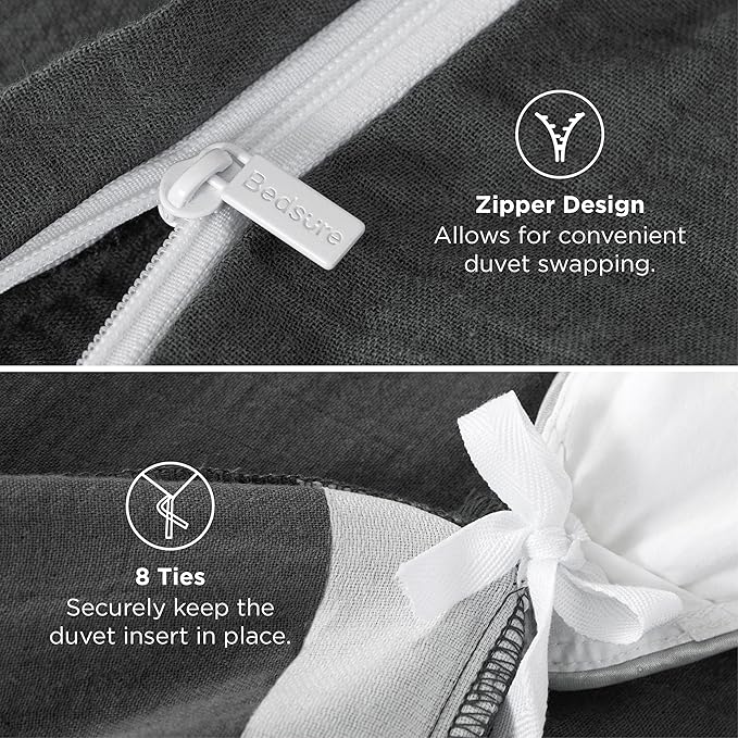 Bedsure Muslin Duvet Cover Queen Size - Cotton Blend Rayon Derived from Bamboo, Cooling Duvet Covet for Hot Sleepers - Ultra-Soft & Breathable Bedding Set for All Seasons(Dark Grey, 90"x90")