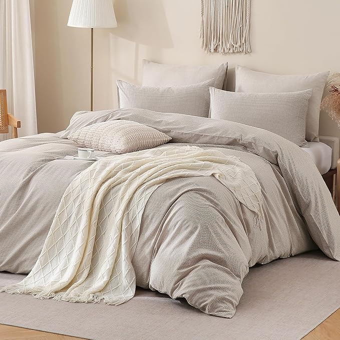 TOCOMOA Mini Gingham Tan Duvet Cover Bedding Set 100% Washed Cotton Like Linen Feel Super Soft Comfy 2 Piece Brown Small Plaid Checkered Fall Comforter Cover Set (Twin 68"x90", Comforter Not Included)