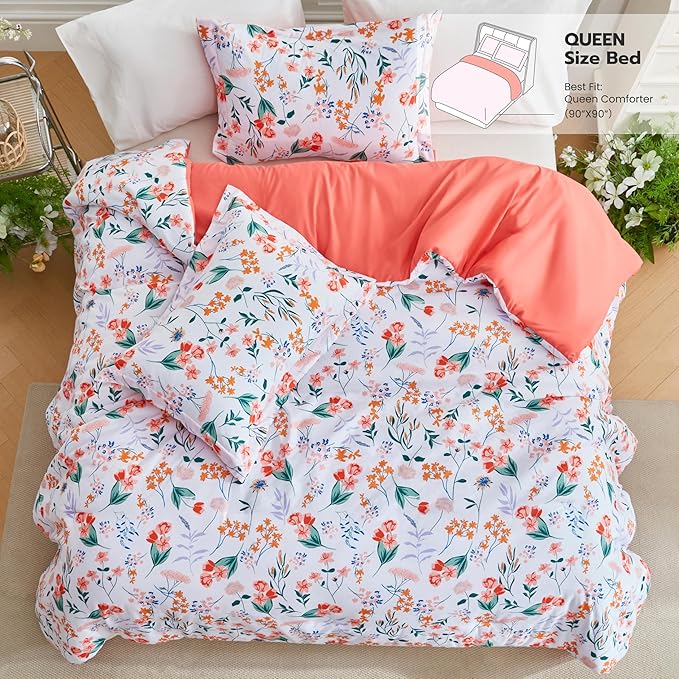 Joiedomi King Size Comforter Set White, 3 Pieces Floral King Bedding Set with 1 Soft Reversible Flower Comforter and 2 Pillow Shams, Bed in a Bag for All Seasons