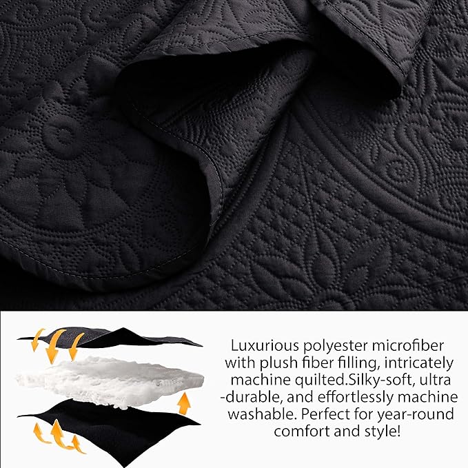 MOONLIGHT20015 8 Pack Quilt King Size Bedding (106" x 96") - Bulk Wholesale for Hotels, Guest Bedroom & Airbnbs - Lightweight Microfiber Reversible Floral Embossed Quilts Bedspreads (Black)