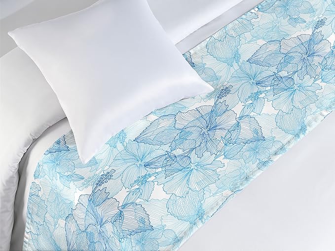 Lunarable Blue and White Bed Runner, Hibiscus Flowers Tropical Foliage Hand Drawn Monotone Design, Decorative Accent Bedding Scarf for Hotels Homes and Guestrooms, Twin, Cobalt Blue