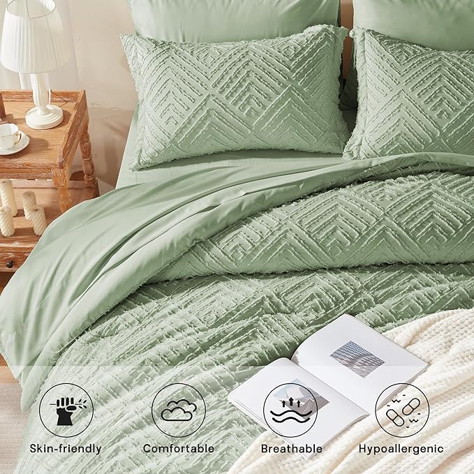 Zzlpp Twin Comforter Set 5 Pieces, Sage Green Tufted Bed in a Bag with Comforter and Sheets, All Season Boho Bedding Sets with 1 Comforter, 1 Pillow Sham, 1 Pillowcase, 1 Flat Sheet, 1 Fitted Sheet