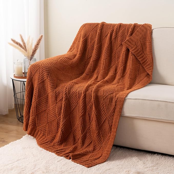 Battilo Fall Decor Caramel Diamond Knit Throw Blanket for Couch and Bed, Soft Textured Chenille Rust Orange Blanket, Cozy Lightweight Decorative Blanket for Sofa, 50"x60"