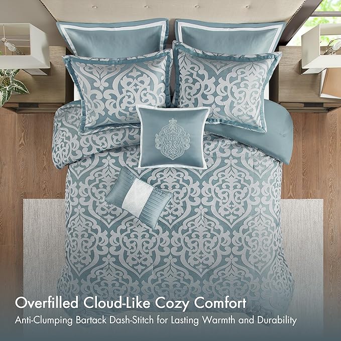 Madison Park Odette Cozy Comforter Set Jacquard Damask Medallion Design - Modern All Season, Down Alternative Bedding, Shams, Decorative Pillows, Queen(90 in x 90 in), Aqua