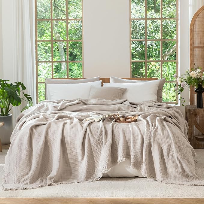 MooMee Muslin Blanket - 100% Cotton 4-Layer Gauze Throw Blanket with All-Around Fringe, Ultra-Soft Breathable Lightweight Cooling Decorative for Bed, Sofa & Couch (Cream Grey,King 104" x 90")
