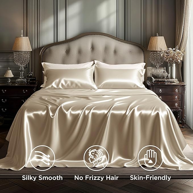 Bedsure Satin Sheets King Size - 4 Piece Silky Bedsheets with 15 Inches Deep Pocket Fitted Bedsheet,1 Flat Sheet, 2 Satin Pillowcases, Good for Hair & Skin (King, Khaki)