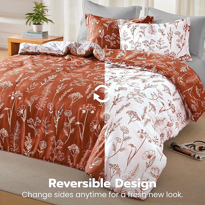 Joiedomi Twin Comforter Set Terracotta, 2 Pieces Floral Twin Bedding Set with 1 Soft Reversible Botanical Comforter and 1 Pillow Sham, Bed in a Bag for All Seasons