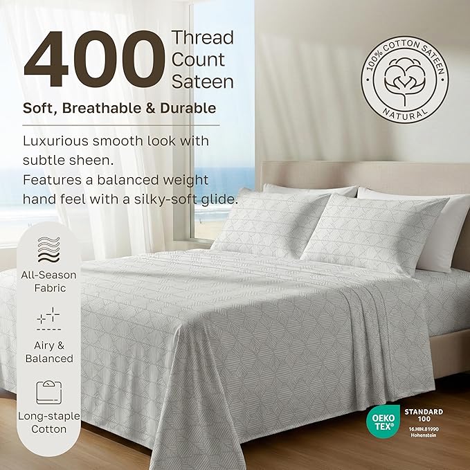 California Design Den Full Size Bed Sheets Set - 400 Thread Count Sateen, Natural 100% Cotton Sheets Full Size, Deep Pocket and Durable Bedding Set - Taupish-Sage Crosshatch