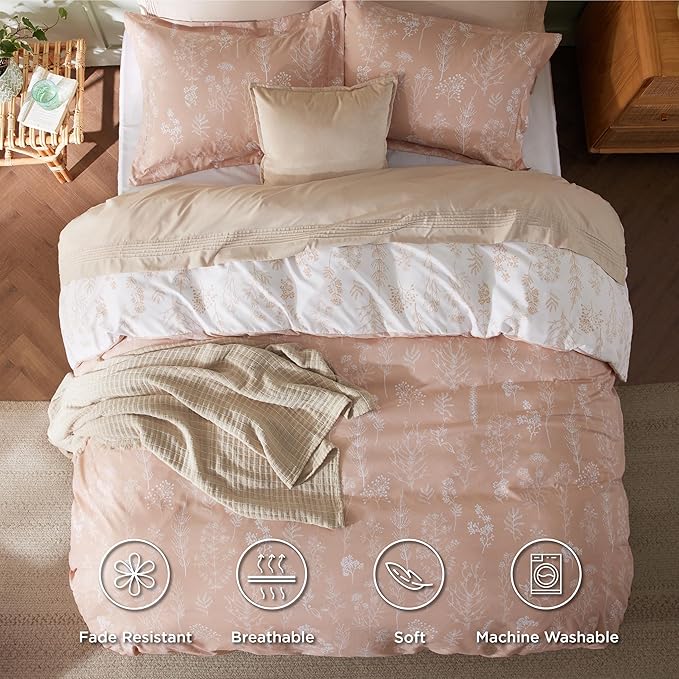 Bedsure Duvet Cover King Size - Reversible Pink King Duvet Cover Set with Zipper Closure, 3 Pieces Botanical Floral Patterned Bedding Set with 8 Corner Ties and 2 Pillow Shams