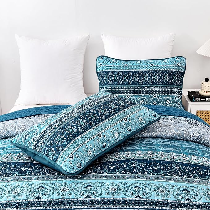 WONGS BEDDING Boho Quilt Set Full Size, Blue Bohemian Full Quilt Bedding Set, Lightweight Microfiber Bed Decor Bedspread with Pillow Shams for All Season 90"x78"(3 Pieces, Full)