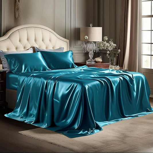 Bedsure Satin Sheets King Size - 4 Piece Silky Bedsheets with 15 Inches Deep Pocket Fitted Bedsheet,1 Flat Sheet, 2 Satin Pillowcases, Good for Hair & Skin (King, Teal)