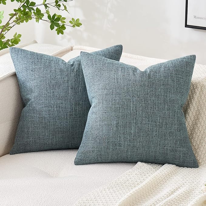 MIULEE Pack of 2 Decorative Linen Burlap Textured Pillow Covers Farmhouse Boho Accent Pillowcases Spring Coastal Home Decor for Couch Sofa Bedroom Living Room 18x18 Inch Grey Blue