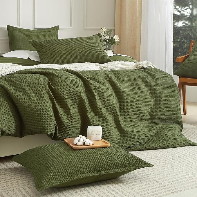 SE SOFTEXLY Waffle Duvet Cover Queen, 100% Cotton Waffle Weave Bedding Duvet Cover Set, Soft and Breathable Comforter Cover for All Season, 3 Pieces Including Pillow Shams（Green, 90”x90”）