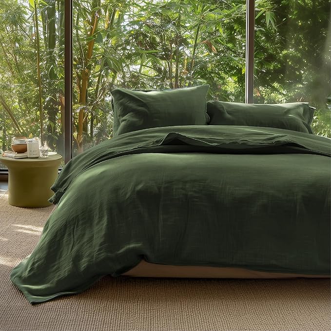 Bedsure Muslin Duvet Cover Queen Size - Cotton Blend Rayon Derived from Bamboo, Cooling Duvet Covet for Hot Sleepers - Ultra-Soft & Breathable Bedding Set for All Seasons(Olive Green, 90"x90")