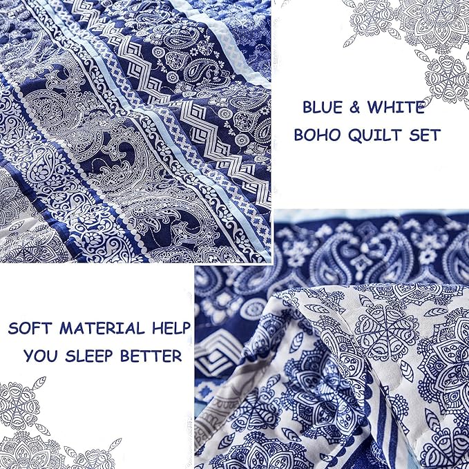 WONGS BEDDING Boho Quilt Set Twin Size, Blue Bohemian 2 Pieces Quilt Sets, Lightweight Bedspread Coverlet Bedding Set for All Season (68"x86")
