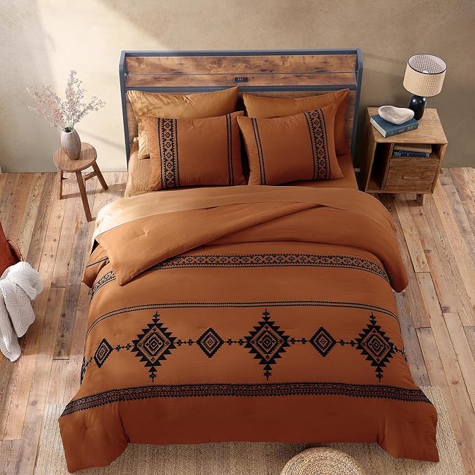 MaiRêve Super King Plus Comforter Set Burnt Orange, Embroidery Western Boho Bedding Set 7 Pieces, All Season Farmhouse Bed in A Bag Comforter Set with Sheets, Pillowcases & Shams