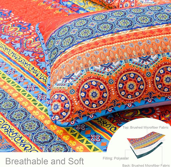 Exclusivo Mezcla Reversible Boho Quilts Twin Size, Blue Bedspreads Lightweight Coverlet All Season Bohemian Quilt Bedding Set with Printed Floral Pattern (1 Quilt, 1 Pillow Sham)