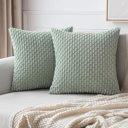 MIULEE Pack of 2 Decorative Throw Pillow Covers 16x16 Inch Soft Boho Striped Textured Corduroy Pillow Covers Modern Farmhouse Home Decor for Couch Bed Sofa Living Room Greyish Green