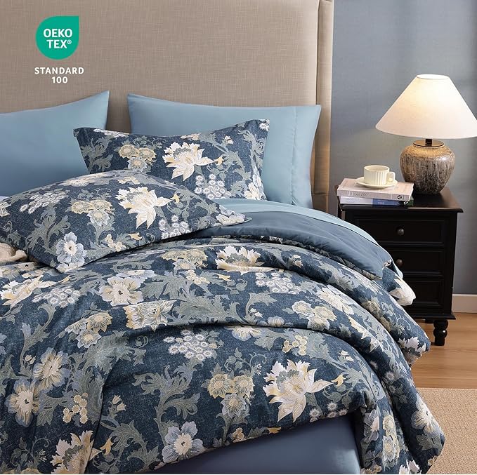 Queen Comforter Set -7 Pieces Floral Antique Blue Comforter Set for All Seasons, Bed in a Bag Queen with Botanical Flowers Comforter, Sheets, Pillowcases & Shams