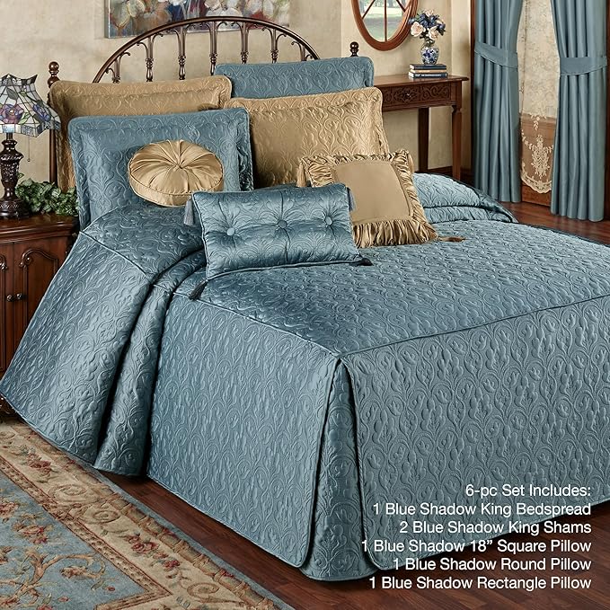 Cambridge Classic Luxury Bedding | Blue Shadow Solid Color Polyester Satin | Elaborate Damask Quilting | 6 Pc Bed Set Includes Fitted Oversized King Bedspread, 2 King Shams, & 3 Decorative Pillows