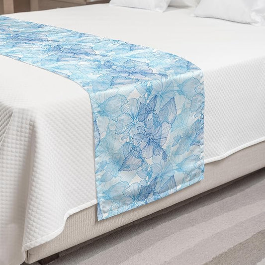 Lunarable Blue and White Bed Runner, Hibiscus Flowers Tropical Foliage Hand Drawn Monotone Design, Decorative Accent Bedding Scarf for Hotels Homes and Guestrooms, King, Cobalt Blue