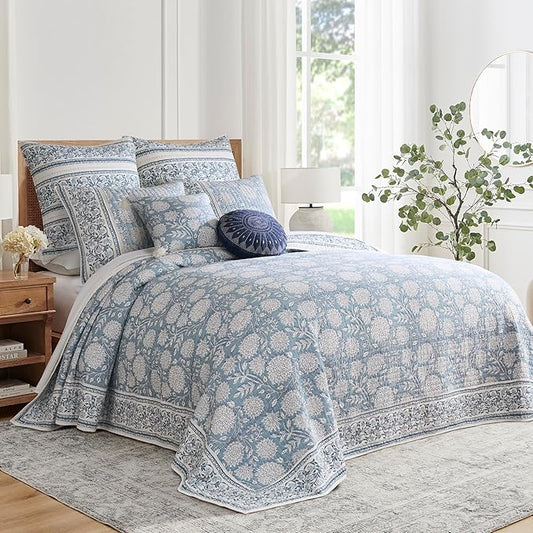 Levtex Home – Adare Blue Bedspread Set – Full Bedspread (96x106in.) and 2 Standard Shams (20x26in.) – Floral Botanical Design – Blue and White – Reversible – Cotton