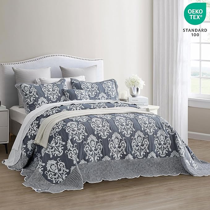 HZ & HY Oversized King Bedspread 128x120 Extra Wide, Jacquard Matelasse Damask Pattern Design, Lightweight, Reversible, 5 Piece, 100% Microfiber, Dark Blue