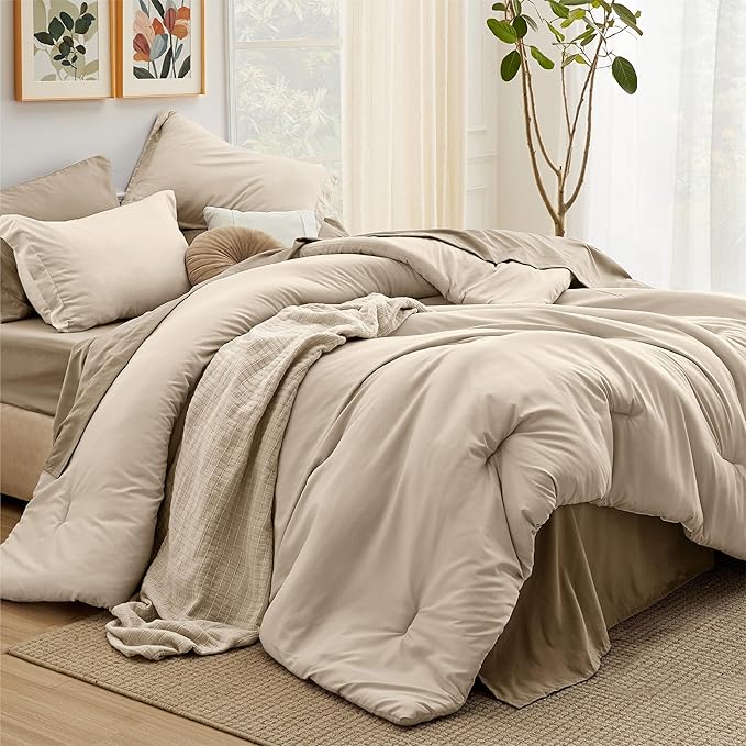 Bedsure Twin Comforter Set - 5 Pieces Light Beige Twin Bedding Set for All Seasons, Boho Contrasting Design Bed in a Bag with Comforter, Sheets, Pillowcase & Sham