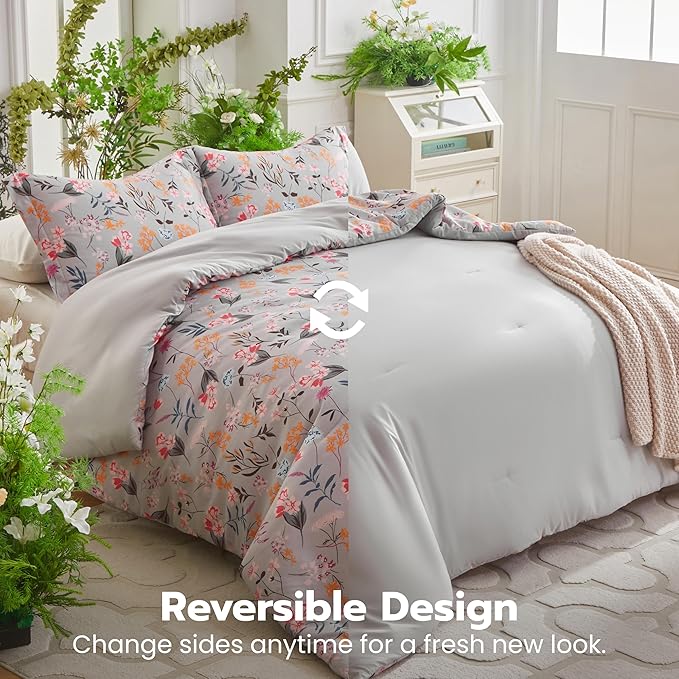 Joiedomi Full Size Comforter Set Light Grey, 3 Pieces Floral Full Bedding Set with 1 Soft Reversible Flower Comforter and 2 Pillow Shams, Bed in a Bag for All Seasons