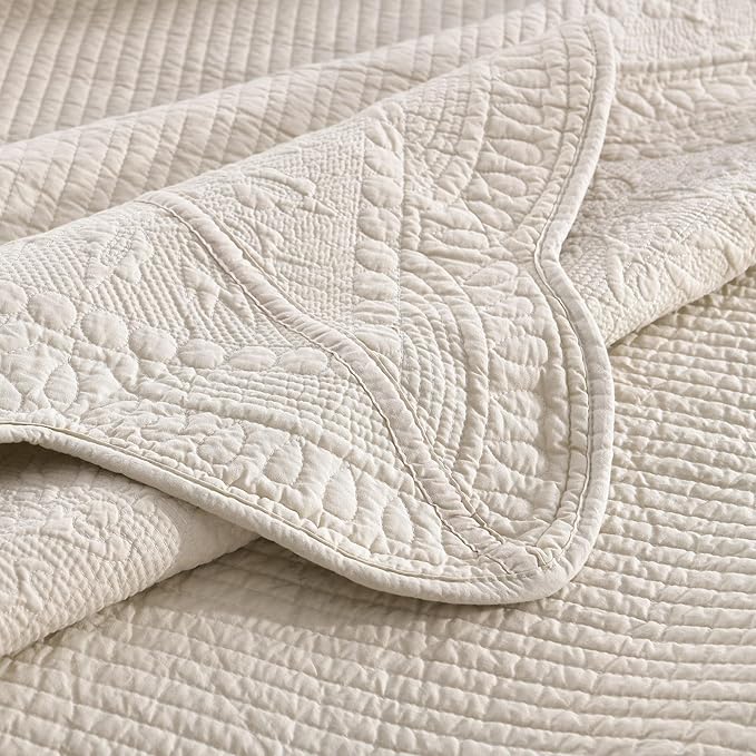 MarCielo 3-Piece 100% Cotton Oversized Bedspread Lightweight Quilt Coverlet Embroidery Farmhouse Bedding Set (TG Cream, Oversized Queen (100"x106"))