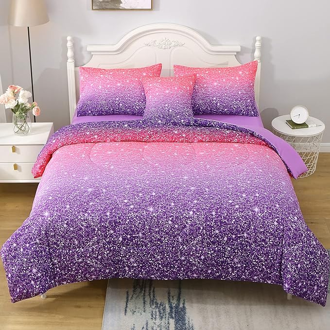 JQinHome Pink Purple Comforter Set Full/Queen Size, 6 Piece Bed in A Bag 3D Colorful Bedding Set for Girls Women (1 Comforter,2 Pillowcases,1 Flat Sheet,1 Fitted Sheet,1 Cushion Cover)