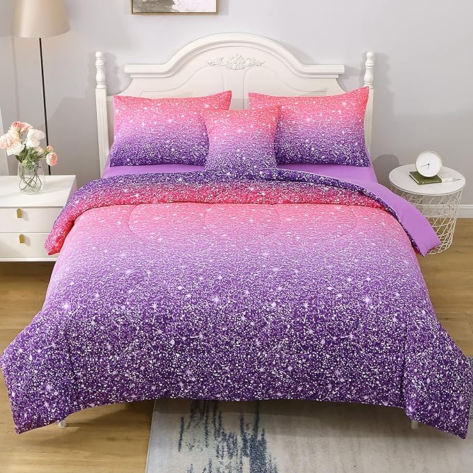JQinHome Full Size Pink Purple Comforter Set, 6 Piece Bed in A Bag 3D Colorful Bedding Set for Girls Women(1 Comforter,2 Pillowcases,1 Flat Sheet,1 Fitted Sheet,1 Cushion Cover)