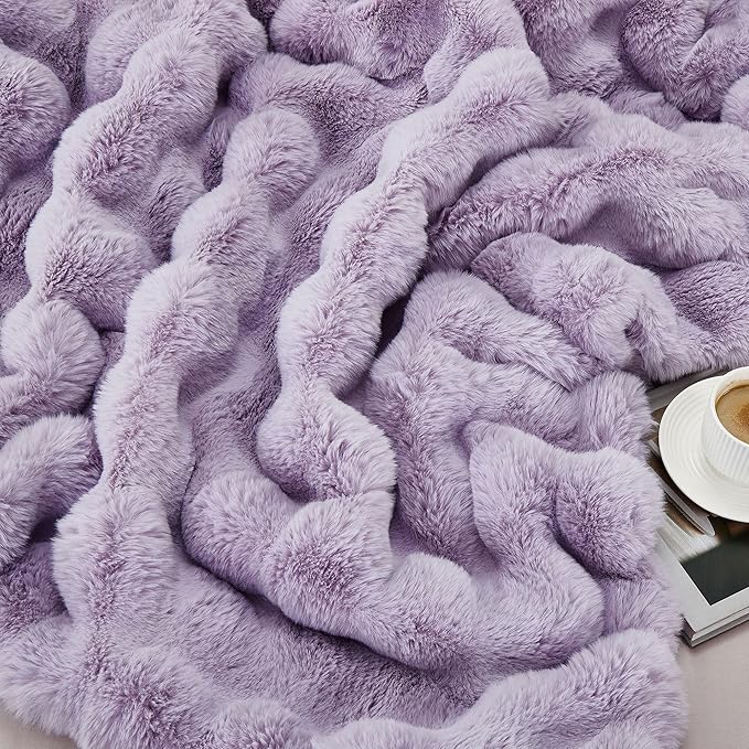 DREAMNINE Large Soft Thick Fuzzy Bubble Faux Rabbit Fur Blanket Full Size 70" x 80", Double Sided Comfy Plush Warm Shaggy Fluffy Blankets, Luxury Big Cozy Textured Furry Blanket for Bed, Lilac Purple