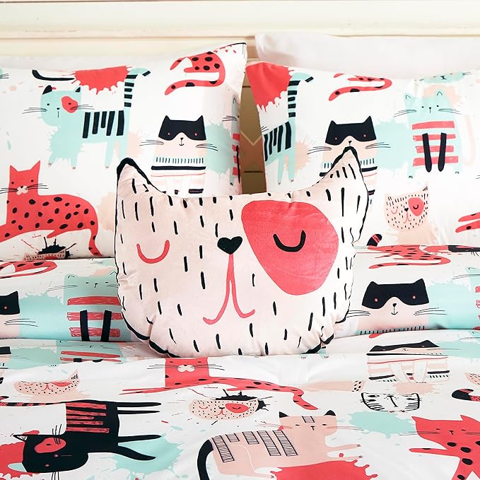 Chezmoi Collection 4-Piece Cartoon Cats Bedding Set Full/Queen Size - Blue Pink Black Soft Microfiber Comforter Set w/Cat Throw Pillow for Kids Teens