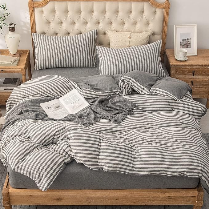 PURE ERA Jersey Knit Duvet Cover Set 100% T-Shirt Heather Cotton Super Soft Comfy Classic Striped Design, with Zipper Closure, Grey Stripe, King