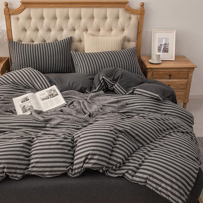 PURE ERA Jersey Knit Duvet Cover Set 100% T-Shirt Heather Cotton Super Soft Comfy Classic Striped Design, with Zipper Closure, Charcoal Dark Grey Stripe, Cal King